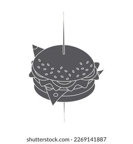 Grayscale image of a hamburger on a skewer. Happy hamburger day. Fast Food. World food day. Sticker