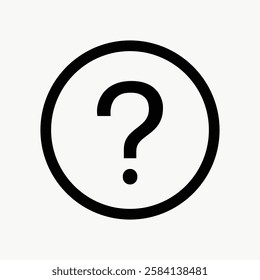 A grayscale image of a large question mark centered within a circle on a plain background. The question mark and circle are bold and prominent, symbolizing inquiry and mystery. User interface vector.