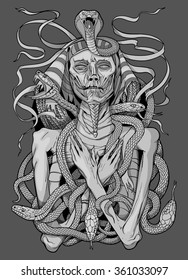 grayscale image of pharaoh mummy with snakes