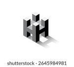 Grayscale Isometric 3D Impossible Shape of letter H Monogram Logo with Shadow