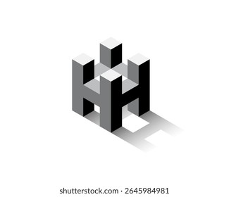 Grayscale Isometric 3D Impossible Shape of letter H Monogram Logo with Shadow