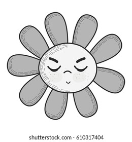 grayscale kawaii angry flower with close eyes