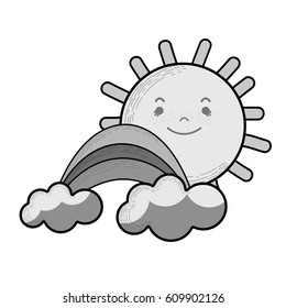 grayscale kawaii happy sun with cloud and rainbow