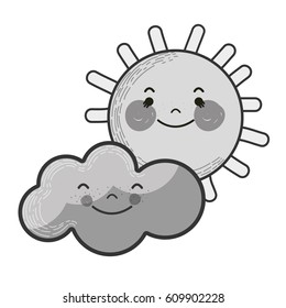 grayscale kawaii sun and cloud with cheeks and eyes