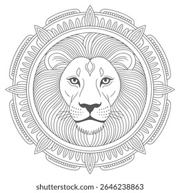 Uma ilustração em tons de cinza representa uma cabeça de leão centrada dentro de um intrincado desenho de mandala A imagem apresenta uma linha de trabalho detalhada e uma composição circular criando um humor sereno e simbólico.