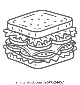 Um desenho de linha em tons de cinza representa um sanduíche quadrado com fatias de alface e tomate entre duas fatias de pão. O estilo é simples e limpo
