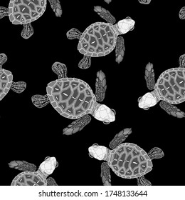 Graustufen kleine Schildkröten Vektornahtlose Muster für Dekoration, Verpackung, Textilien.