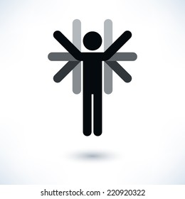 Grayscale logotype man with multiple hands. Simple silhouette information sign with gray drop shadow isolated on white background in flat style. Graphic design elements in vector illustration 8 eps
