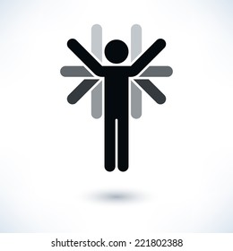 Grayscale logotype people (man's figure) with many hands in flat style. Simple silhouette sign with gray shadow isolated on white background. Graphic design elements in vector illustration 8 eps