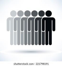 Grayscale logotype six people (man figure) in flat style. Simple silhouette information sign with gray drop shadow isolated on white background. Graphic design elements in vector illustration 8 eps