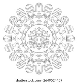 Mandala em escala de cinza com uma flor de lótus central rodeada por círculos concêntricos e padrões geométricos. O estilo é intrincado e detalhado com linhas finas criando um clima calmante.