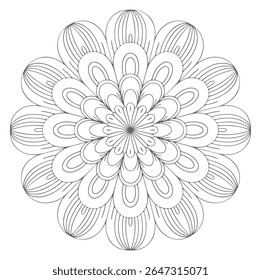 A grayscale mandala design features a circular flower pattern with intricate line details on a white background. The style is symmetrical and detailed.