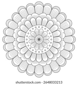 Um desenho de mandala em tons de cinza apresenta um padrão de flor circular com detalhes intrincados e linhas radiantes criando uma imagem simétrica e detalhada contra um fundo branco.