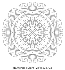 Uma mandala em tons de cinza apresenta um motivo de flor central rodeado por círculos concêntricos de intrincados padrões geométricos. O design é simétrico e altamente detalhado com pesos de linha variáveis.