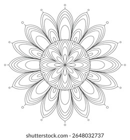 Uma mandala em tons de cinza apresenta um motivo de flor central rodeado por pétalas circulares concêntricas. A intrincada linha de trabalho cria um projeto detalhado e simétrico contra um fundo branco.