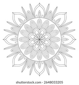 Uma mandala em tons de cinza apresenta um padrão floral circular com detalhes de linha intrincados e elementos de design simétricos contra um fundo branco. O estilo é detalhado e decorativo.