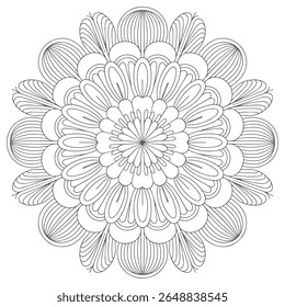 Uma mandala em tons de cinza apresenta um padrão floral circular com detalhes de linha intrincados criando um design simétrico contra um fundo branco. O estilo é detalhado e geométrico.