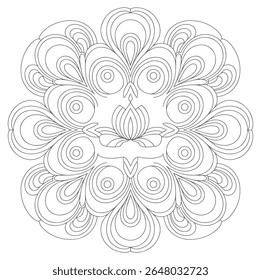 A grayscale mandala features a circular pattern of concentric circles and teardrop shapes creating a symmetrical design. The lines are thin and consistent creating an intricate yet simple aesthetic.