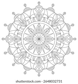 A grayscale mandala features a circular pattern with intricate floral and geometric designs. The style is ornate and symmetrical with detailed linework. The image is set against a white background.