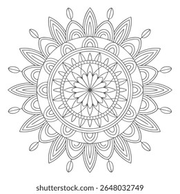 A grayscale mandala features a circular pattern with intricate floral details and geometric symmetry. The design is composed of layered lines creating a complex and detailed ornament.
