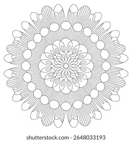 A grayscale mandala features a circular pattern of intricate lines circles and floral shapes creating a symmetrical and detailed design on a white background.
