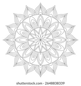 A grayscale mandala features a circular pattern of intricate lines creating a symmetrical floral design against a white background. The style is detailed and geometric.