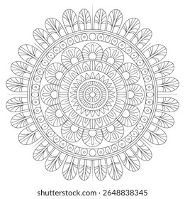 A grayscale mandala features a circular pattern with intricate geometric and floral designs radiating outwards from the center. The style is detailed and symmetrical.