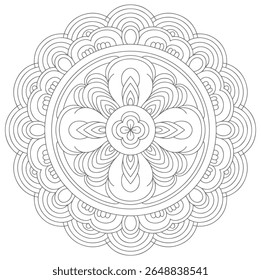 A grayscale mandala features a circular pattern with intricate line art details. The design is symmetrical and composed of repeating floral motifs creating a calming and meditative mood.