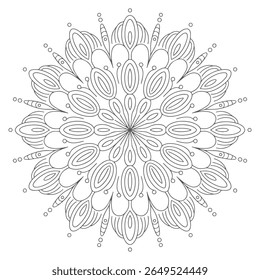 Uma mandala em tons de cinza apresenta um padrão circular de ovais sobrepostos e linhas criando um design simétrico contra um fundo branco. O estilo é intrincado e detalhado.