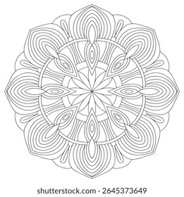 A grayscale mandala features a complex circular pattern with intricate linework and radiating symmetry. The design is composed of repeating geometric shapes and flowing lines creating a detailed.