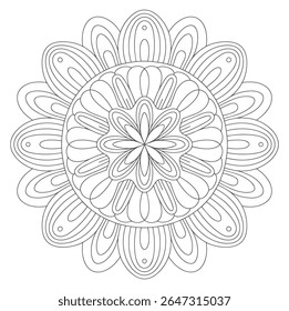 A grayscale mandala features a complex circular pattern with concentric layers of overlapping floral shapes and lines creating a detailed and intricate design.