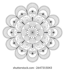A grayscale mandala features a complex circular pattern with intricate lines and shapes creating a detailed floral design. The style is symmetrical and geometric.