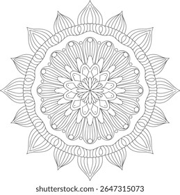 A grayscale mandala features a complex circular pattern with repeating geometric and floral motifs. The design is highly symmetrical with fine lines creating intricate detail.