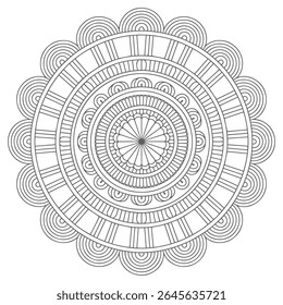Uma mandala em tons de cinza apresenta círculos concêntricos e intrincados padrões geométricos. O design é simétrico e detalhado com espessuras de linha variadas, criando um efeito em camadas.