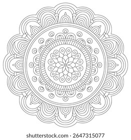 A grayscale mandala features concentric circles and intricate linear patterns creating a detailed circular design. The style is ornate and symmetrical.