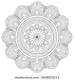 A grayscale mandala features concentric circles and flower-like shapes creating a symmetrical pattern. The design is intricate with many fine lines. The overall mood is calm and serene.