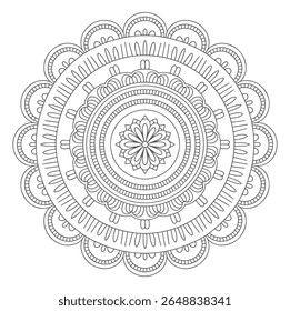 Uma mandala em tons de cinza apresenta círculos concêntricos e intrincados padrões florais. O design é simétrico e detalhado com pesos de linha variáveis criando profundidade.