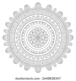Uma mandala em tons de cinza apresenta círculos concêntricos de intrincados padrões de linha criando um desenho floral detalhado no centro. O estilo é geométrico e simétrico.