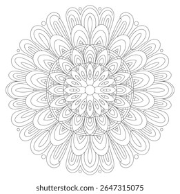 A grayscale mandala features a detailed circular pattern with concentric layers of intricate lines and curves creating a symmetrical design. The style is ornate and detailed.