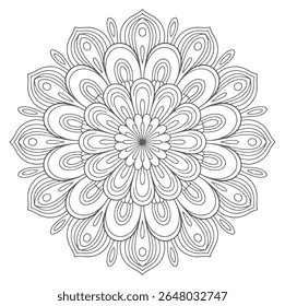 A grayscale mandala features a detailed circular pattern resembling a flower with intricate lines and curves creating a symmetrical design. The style is ornate and decorative.