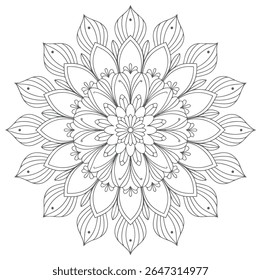 A grayscale mandala features a detailed floral pattern in a circular composition The design is symmetrical with intricate lines and dots creating a complex texture.