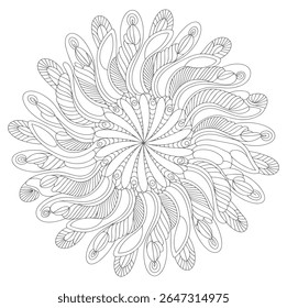 A grayscale mandala features an intricate circular pattern of lines and swirls creating a detailed decorative design on a white background. The style is abstract and detailed.