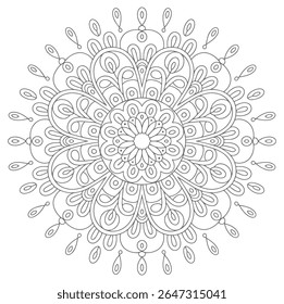 A grayscale mandala features an intricate circular pattern with detailed lines and curves creating a symmetrical floral design. The style is ornate and detailed.