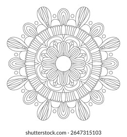 Uma mandala em tons de cinza apresenta um intrincado padrão circular que se assemelha a uma flor com pétalas em camadas e linhas detalhadas. O design é simétrico e tem um humor calmante e meditativo.