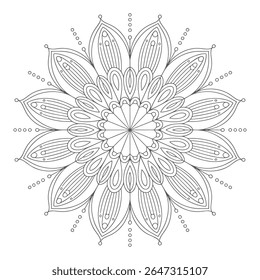 A grayscale mandala features an intricate circular pattern resembling a stylized flower with layered petals and dots radiating outwards. The lines are thin and consistent creating a detailed design.