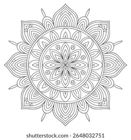 A grayscale mandala features an intricate circular pattern with symmetrical flower-like designs. The detailed lines create a complex and visually engaging image against a white background.