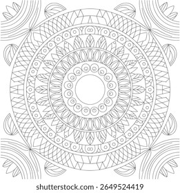 A grayscale mandala features intricate circular patterns geometric leaf shapes and lines creating a detailed ornate design The image is symmetrical with a white background