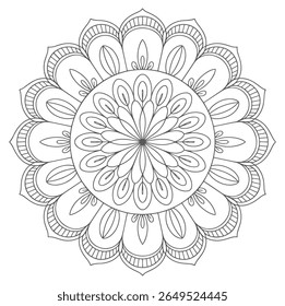 A grayscale mandala features an intricate circular pattern with floral motifs. The design is symmetrical and composed of thin lines creating a detailed texture. The style is simple yet elegant.