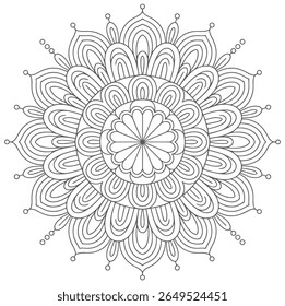 Uma mandala em tons de cinza apresenta um intrincado padrão circular com motivos florais. O design é composto de linhas e curvas repetidas criando uma imagem simétrica e detalhada.