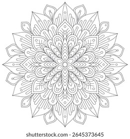 Uma mandala em tons de cinza apresenta um intrincado padrão floral com uma composição circular e design simétrico. O estilo é detalhado com linhas finas criando um complexo e ornamentado.